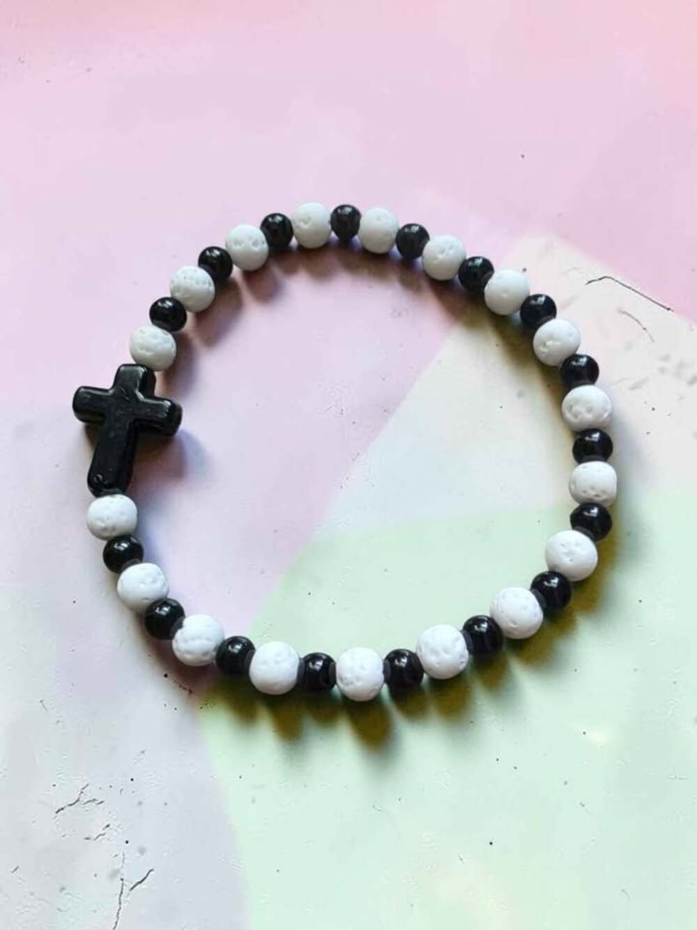 Black Hematite and White Lava Rock Beaded Cross Bracelet